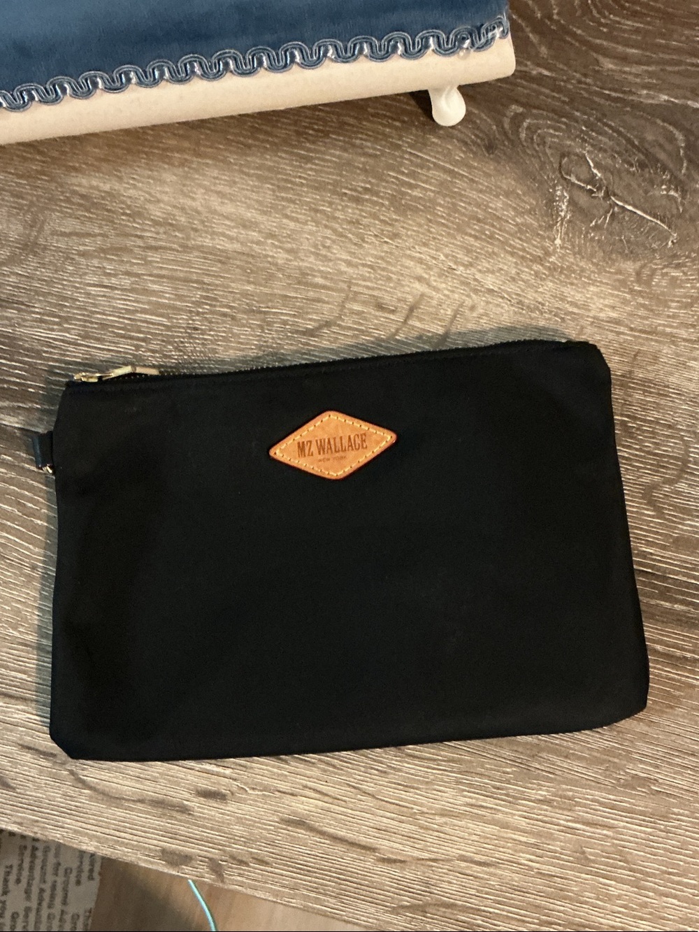 MZ Wallace Black Nylon Cosmetic Toiletry Bag Pouch 8x6 Tan Leather Logo Patch